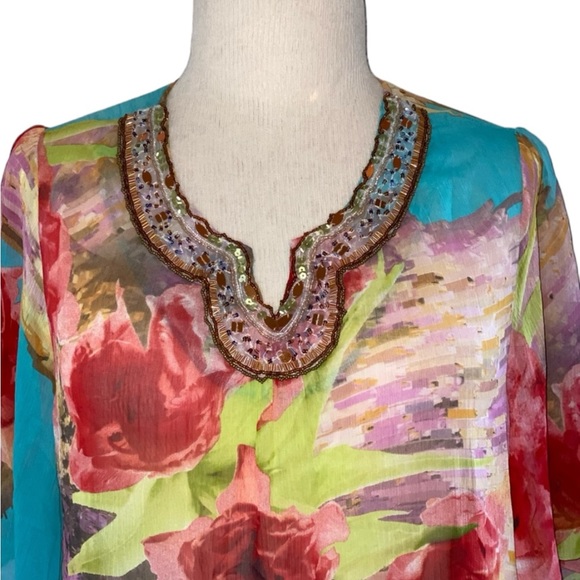 Mushka Sienna Rose XL Floral Sheer Top Elbow Length Sleeves Sequin Neckline NWT - Picture 6 of 12